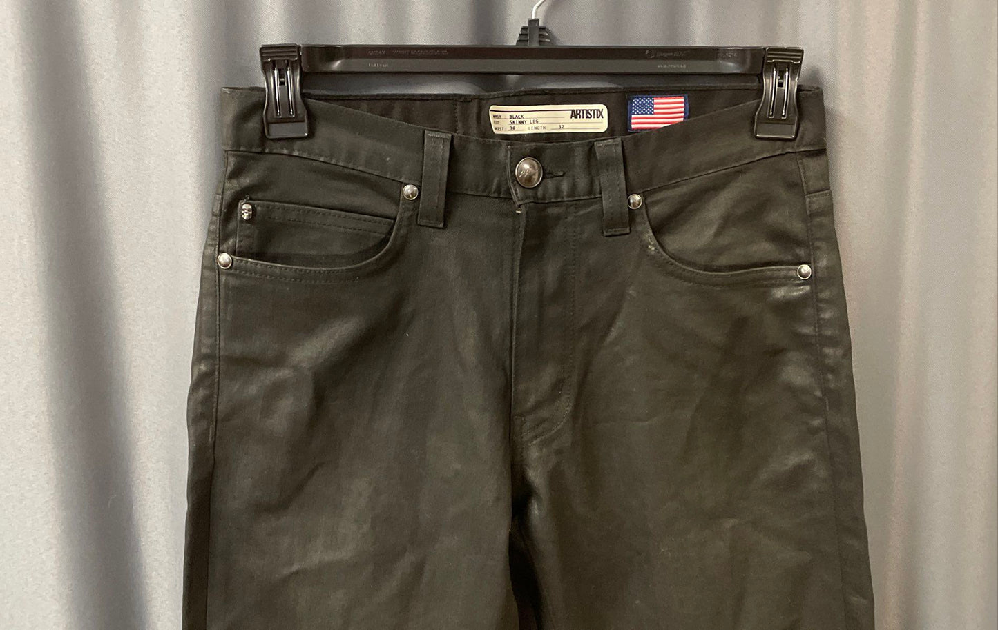 Artistix Men's Black Coated Skinny Leg Jeans Cross Embroidery Signature Sz 30x32