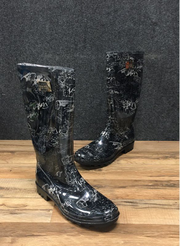 Nicole Miller Rena Black White Graffiti Print Tall Rain Boots Women's Size 11