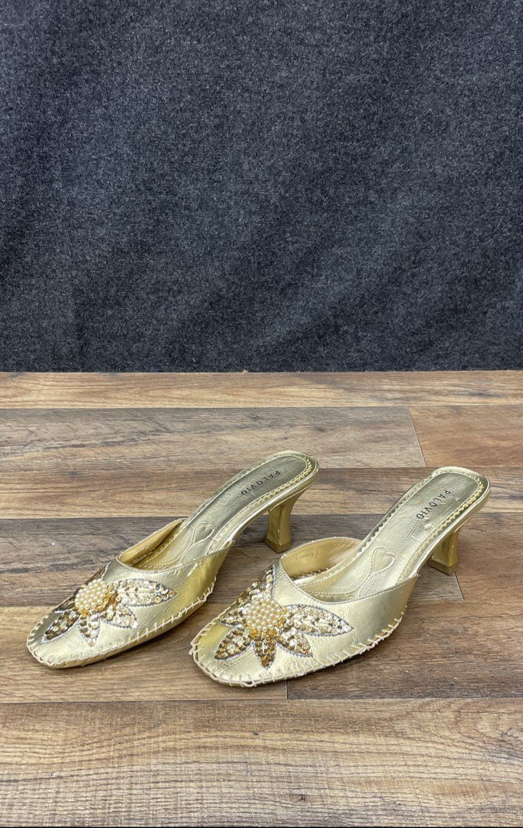 Palovio Metallic Gold Sequin Floral Heeled Mules Women's Size 8.5