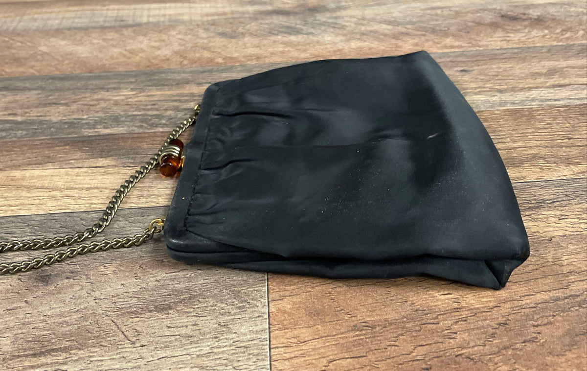 Vintage Ande Black Satin Evening Bag Clutch Gold Chain Amber Clasp Mirror