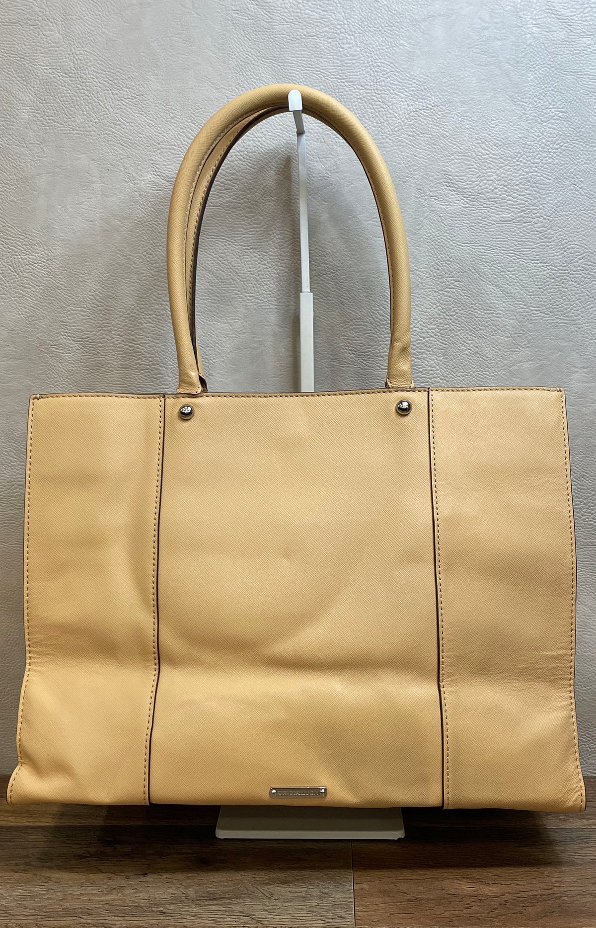 Rebecca Minkoff Beige Saffiano Leather Tote Bag Silver Hardware Leopard Lining