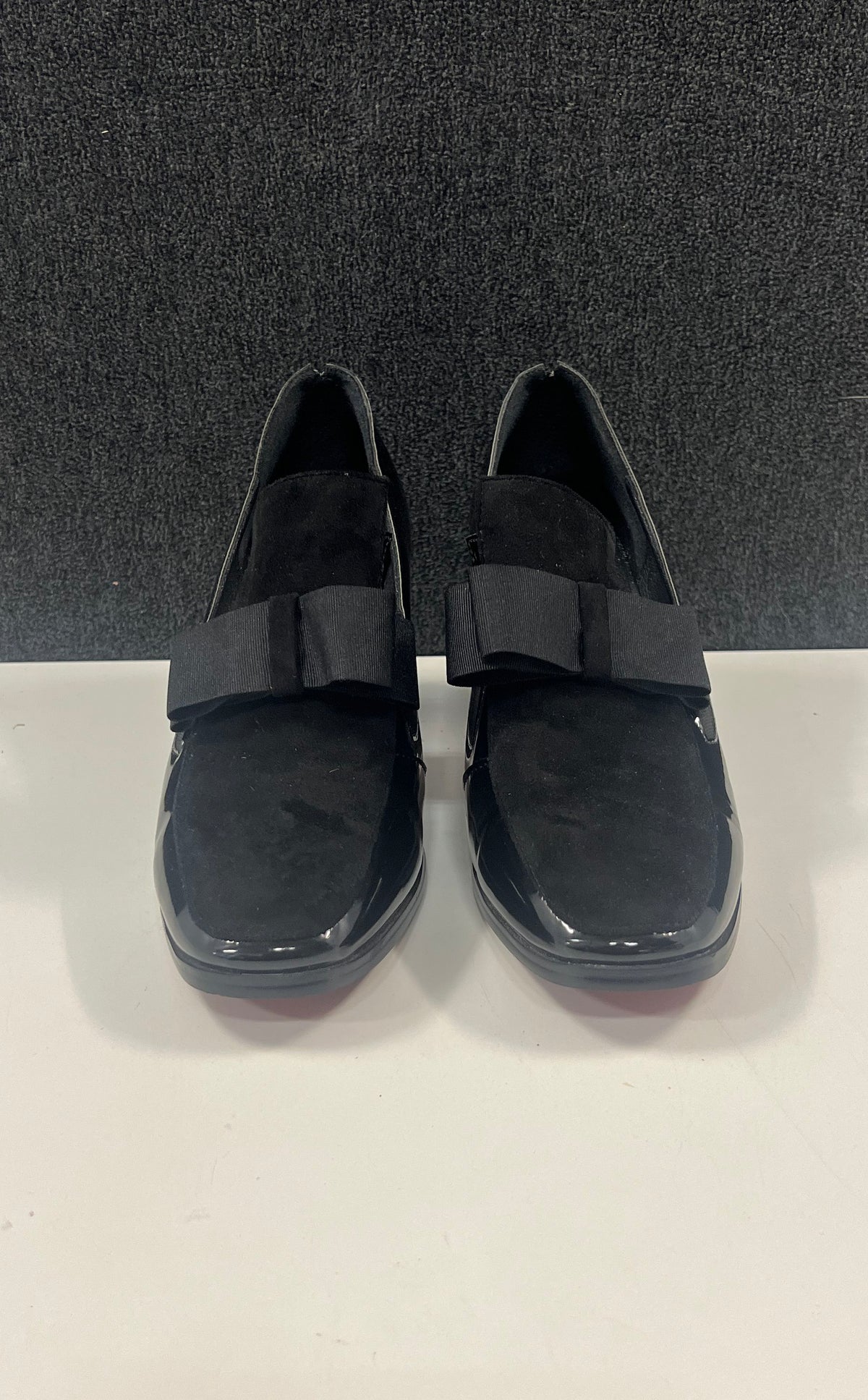 Women's Black Patent Suede Bow Block Heel Loafer Pumps Red Sole Size 8