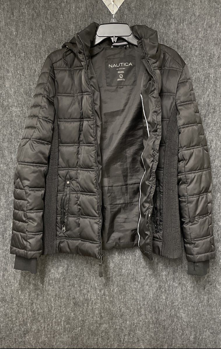 Nautica Women's Black Water Resistant Hooded Quilted Puffer Jacket Sz L