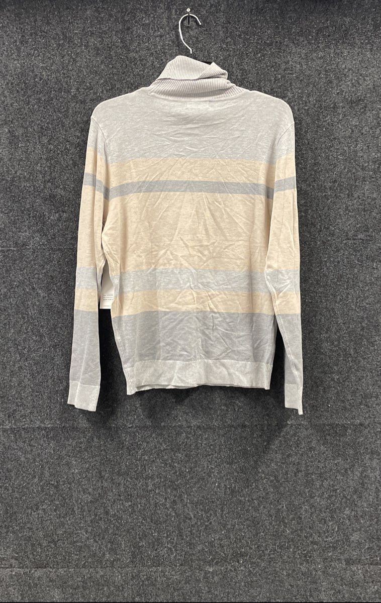 Calvin Klein Women's Turtleneck Sweater Gray Cream Striped Fine Knit NWT Size L