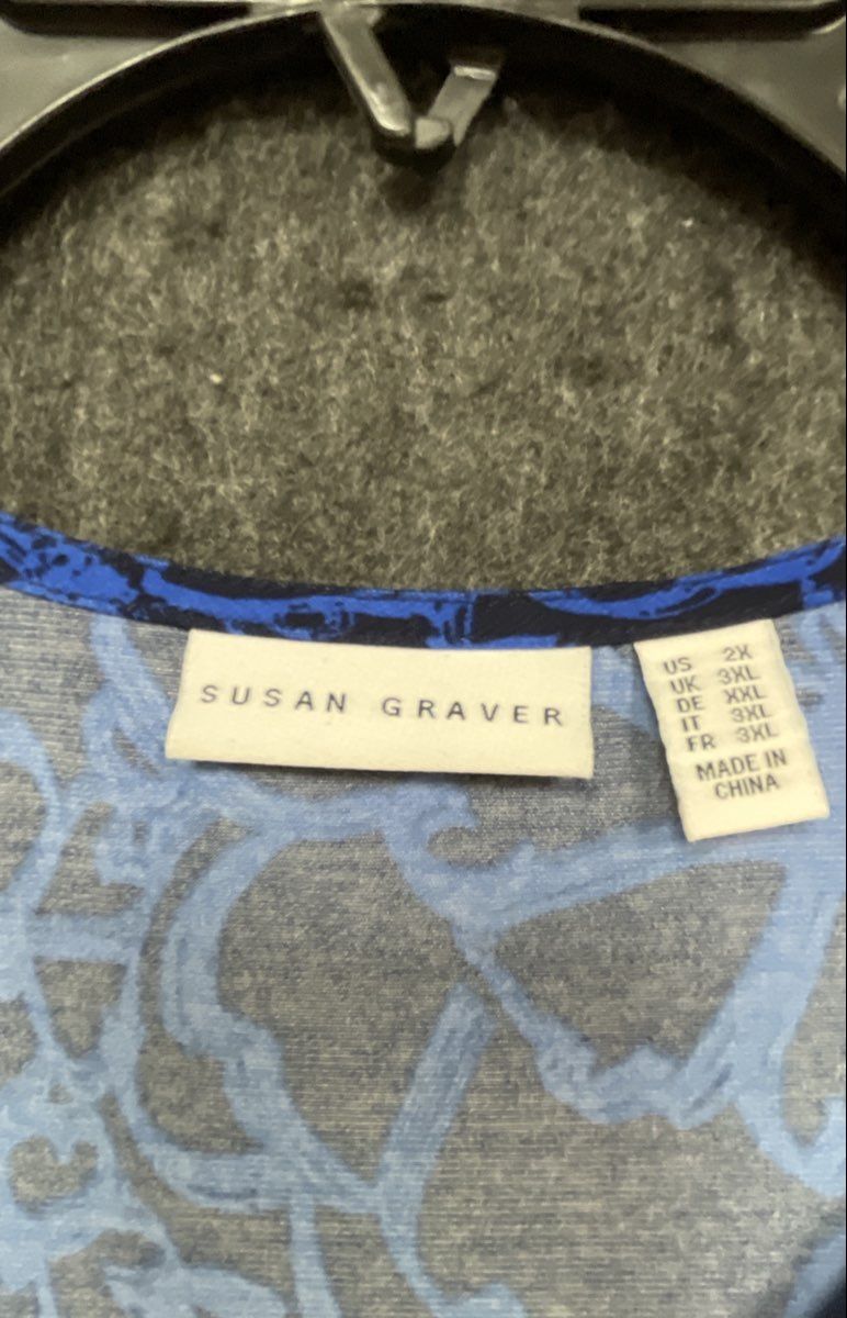 Susan Graver Women's Blue Black Floral Print V-Neck Knot Detail Top Sz 2X