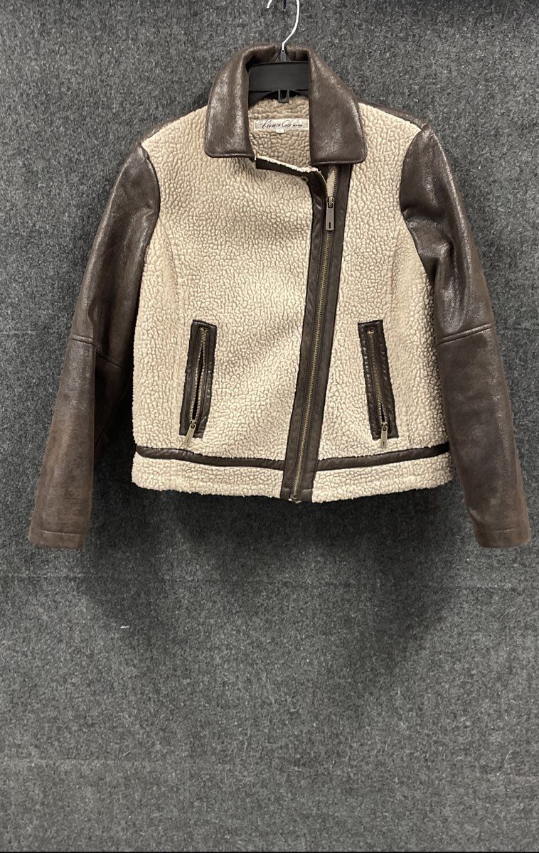 Kenneth Cole New York Women's Brown Faux Leather Sherpa Moto Biker Jacket Sz L