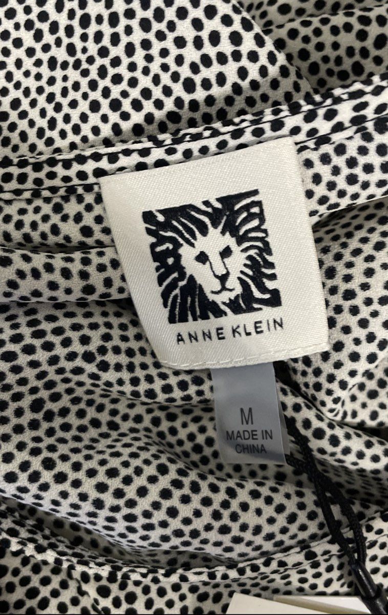 Anne Klein Women's White Black Dot Print Short Sleeve Shirt Blouse NWT Size M