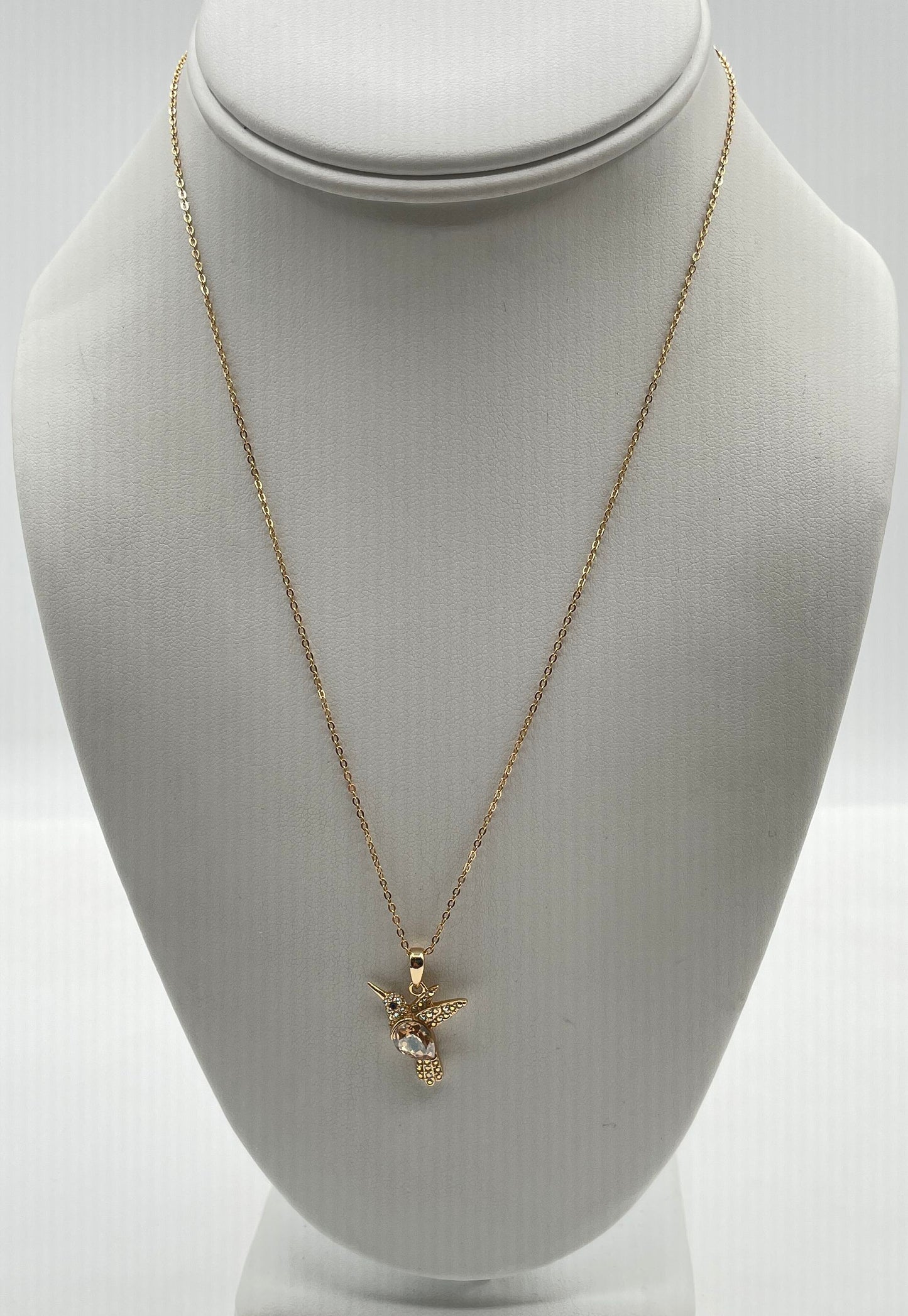 925 Sterling Silver Gold-Tone w/ CZ Accents Hummingbird Pendant Necklace 3.2g