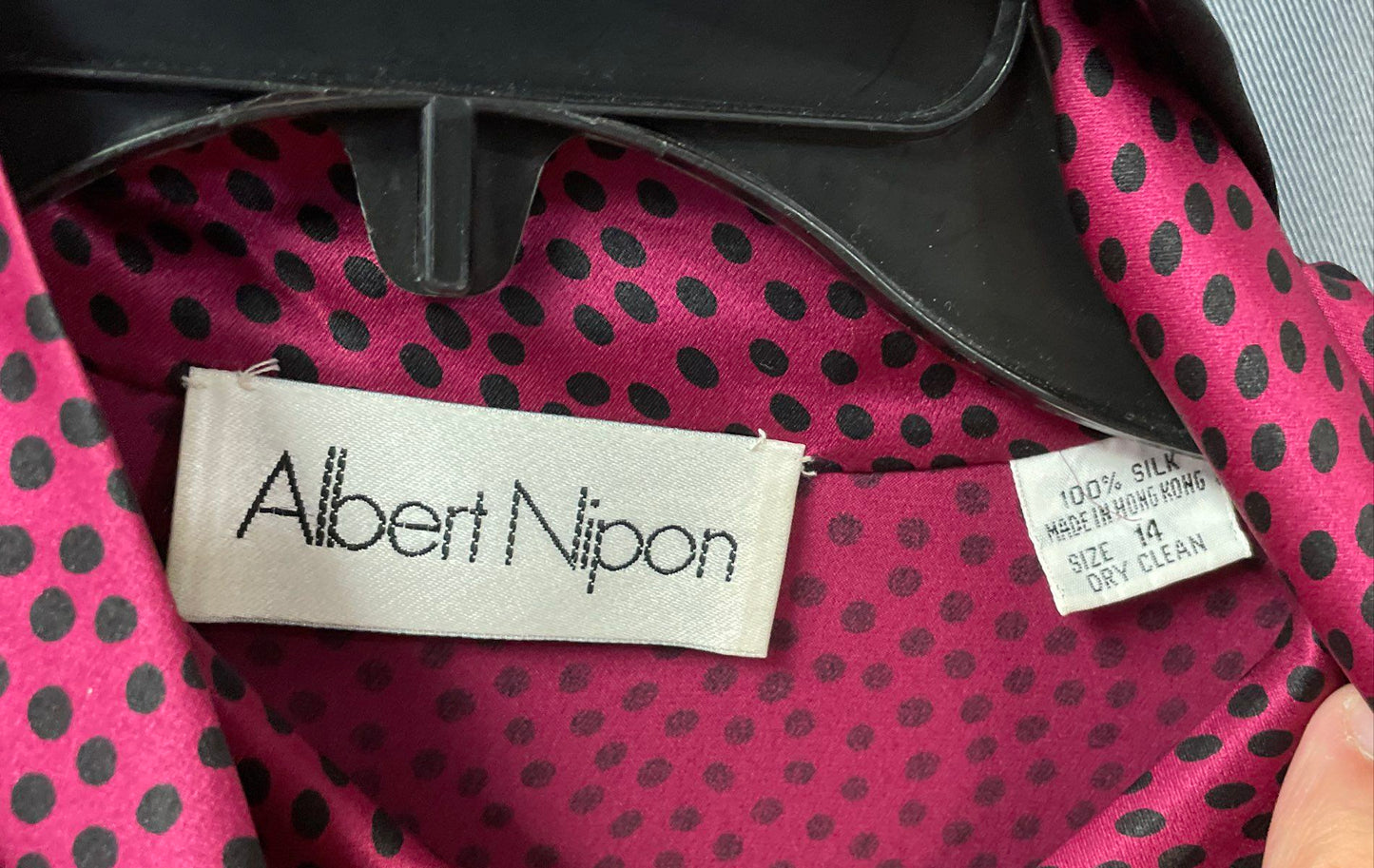 Vintage 80s Albert Nipon Silk Pussy Bow Dress Polka Dot Scarlet Black Sz 14