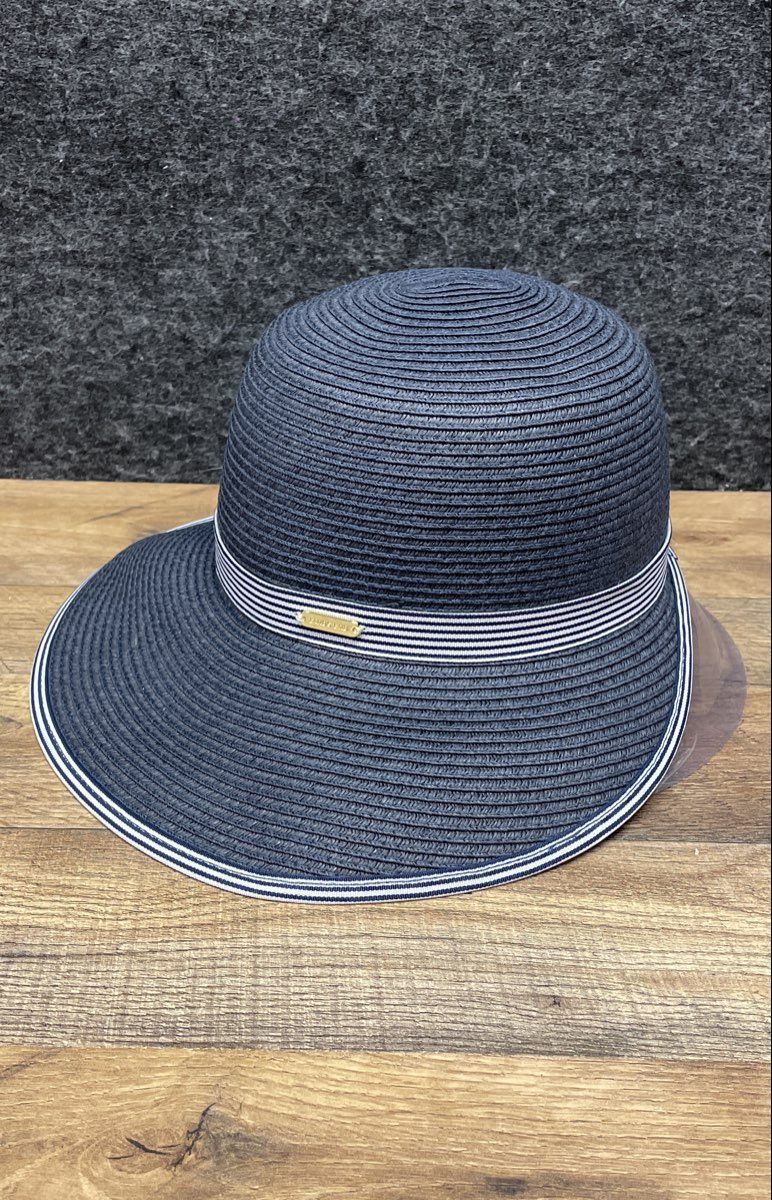 Lands' End Women's Navy Blue Wide Brim Straw Hat Striped Band Sz S-M
