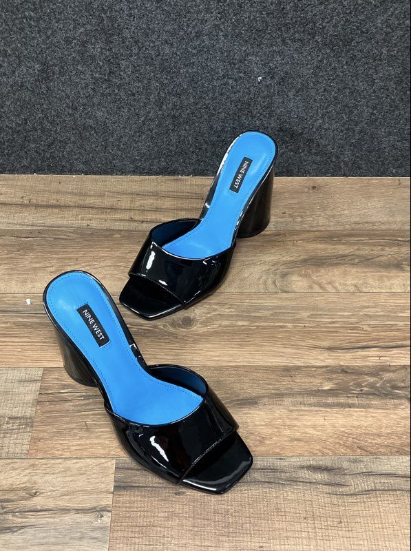 Nine West Excit Black Patent Square Toe Block Heel Slide Sandals Size 9.5 M