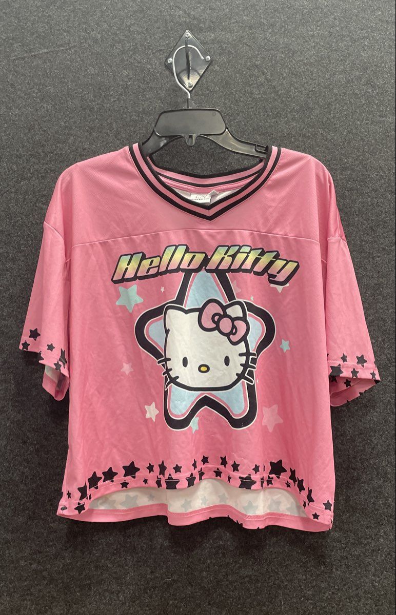 Hello Kitty Women's Pink Jersey Style T-Shirt Star Graphic HK Back Sz L