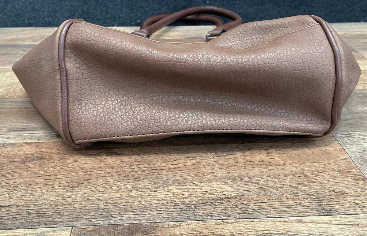 Bueno Brown Leather Tote Shoulder Bag with Silver Flower Charm