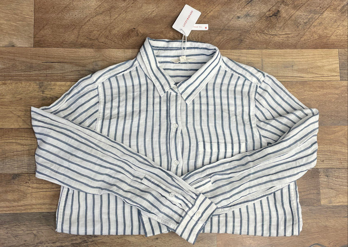 Lucky Brand Women's Blue White Striped Cotton Modal Button Down Shirt NWT Sz M