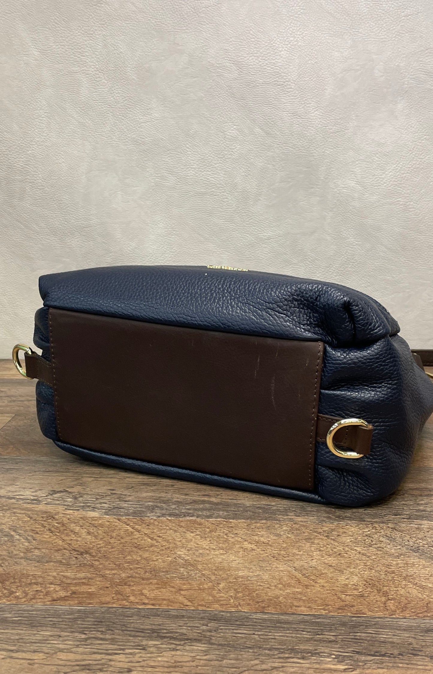 Valentina Navy Blue Pebbled Leather Shoulder Bag Gold Hardware Made in Italy