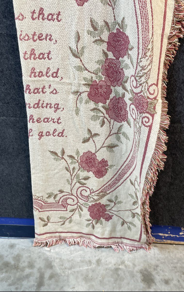 Vintage Grandma Tapestry Throw Blanket Woven Fringe Floral Rose Verse Pink