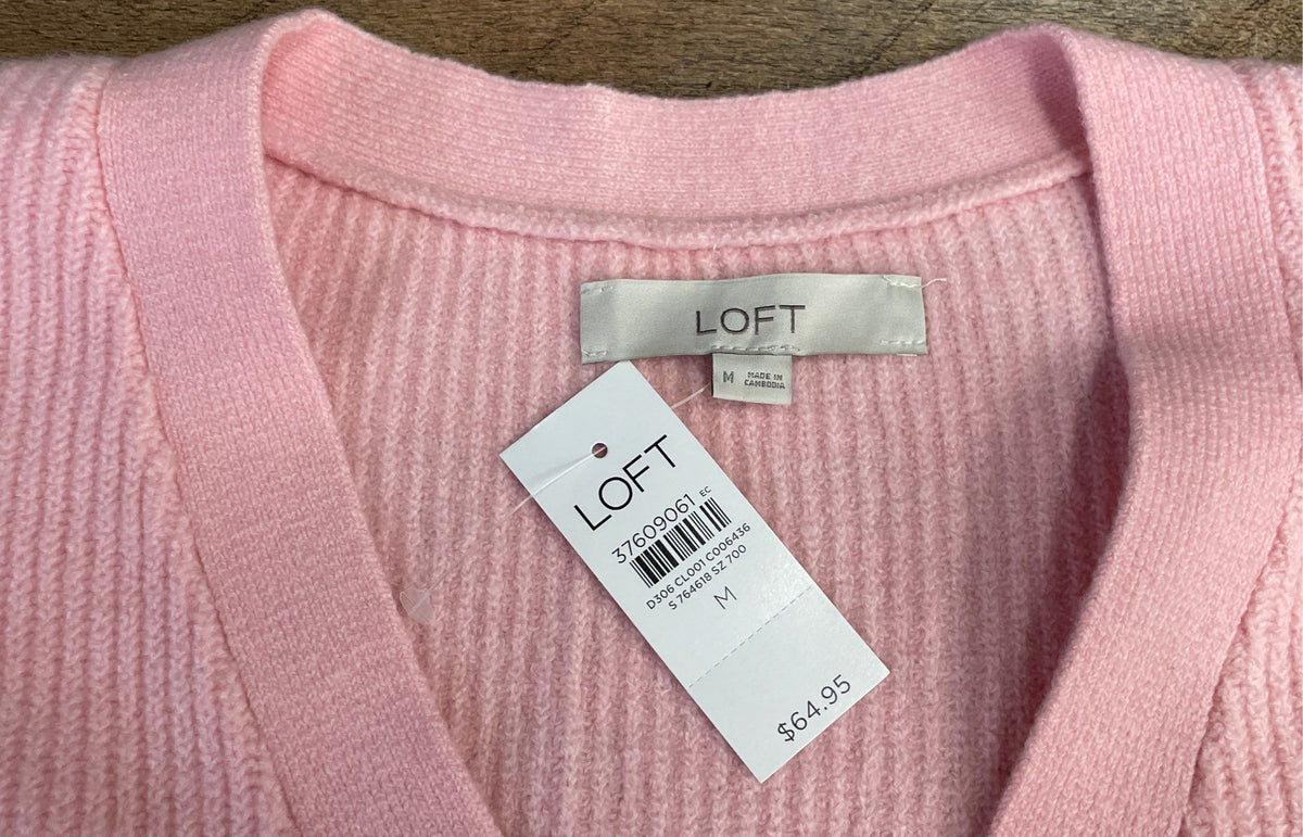 Loft Women's Pink Knit Cardigan V-Neck Button Front Ribbed Sz M NWT