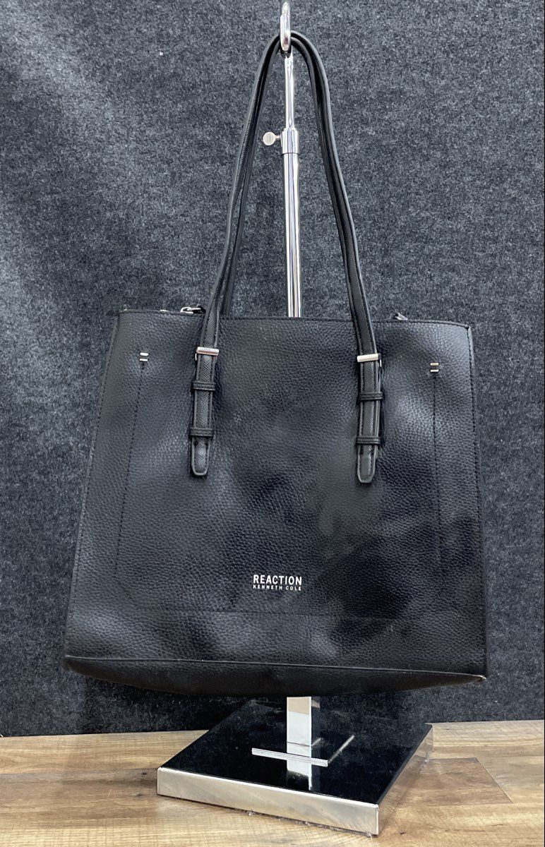 Kenneth Cole Reaction Black Leather Tote Bag Large Silver Hardware