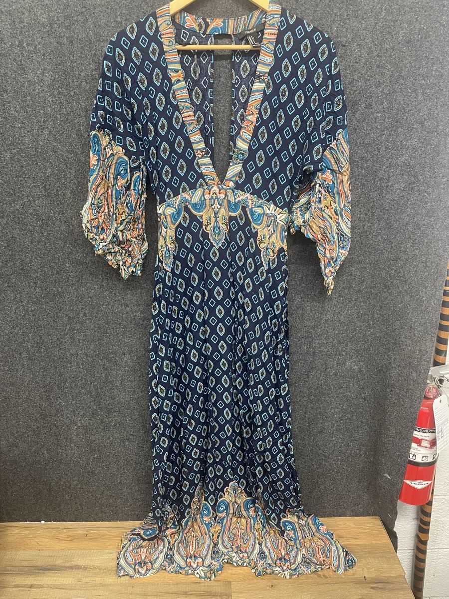 Forever 21 Women's Blue Multi Boho Paisley Bell Sleeve V-Neck Maxi Dress Sz S