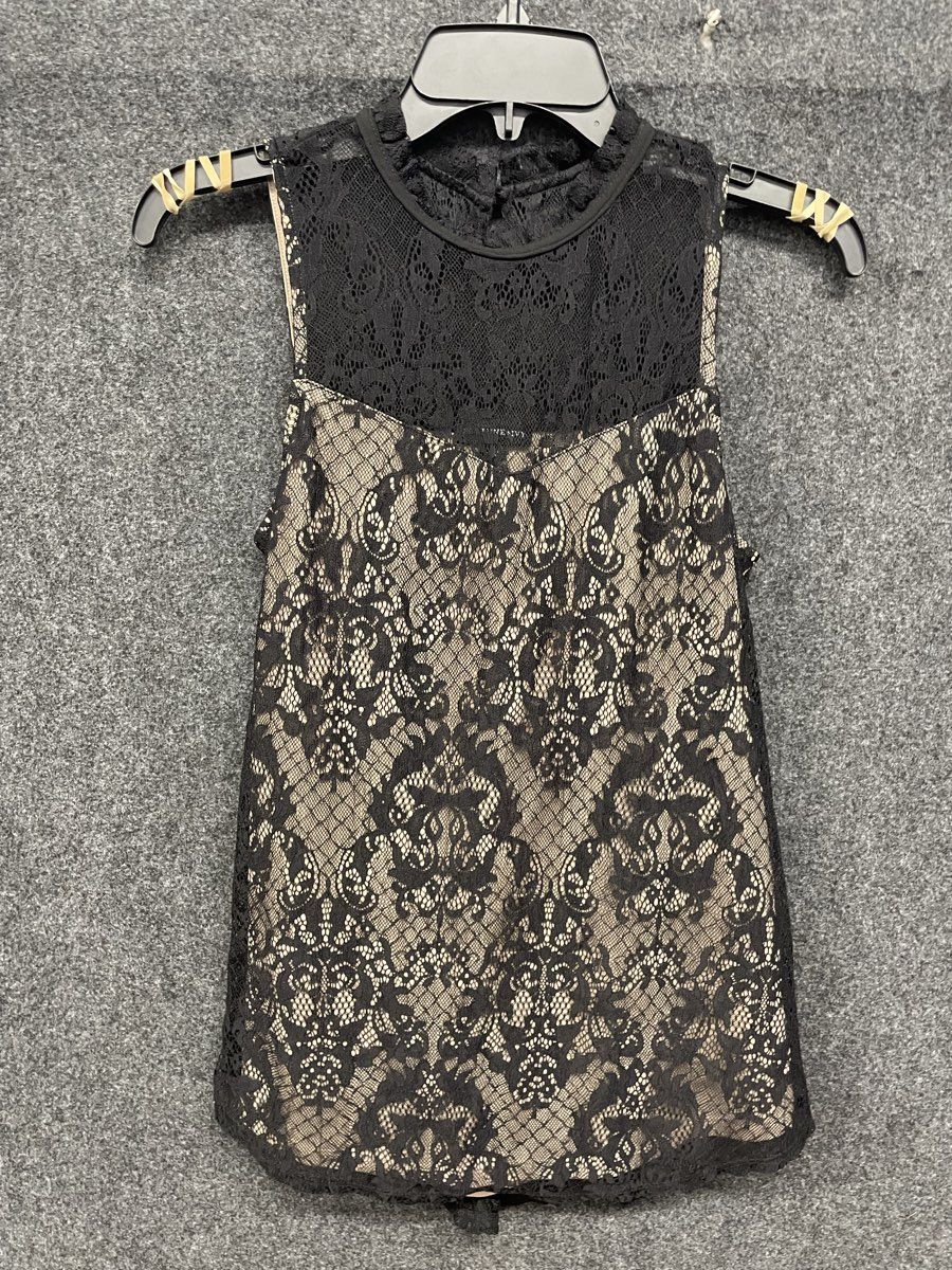 Fortune + Ivy Women's Bellah Lace Blouse Black Tan Mock Neck Sleeveless Sz M