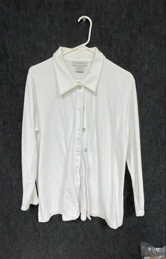 Real Comfort Women's White Long Sleeve Button Front Ribbed Shirt Top Sz S
