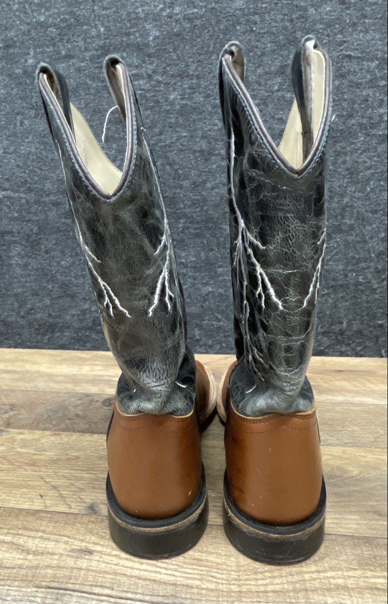 Western Lightning Bolt Square Toe Cowboy Boots Black Brown Leather Size 6D