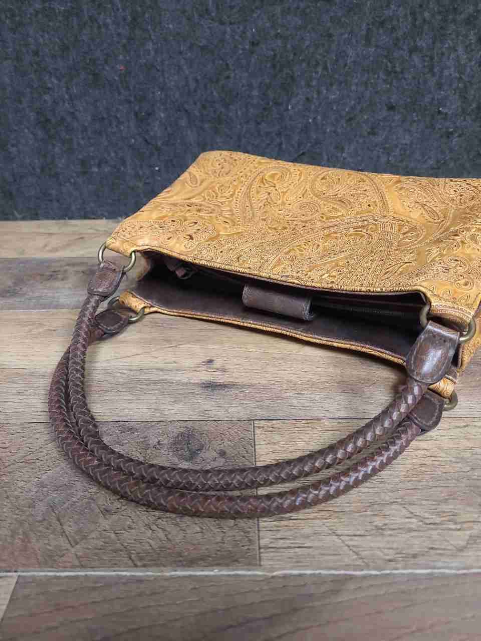 Relic Tan Paisley Embossed Faux Leather Shoulder Bag Braided Handles Handbag