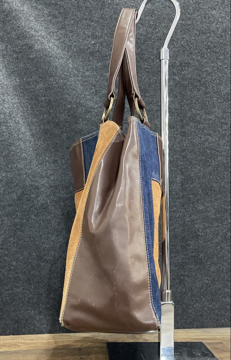 Nine West Blue Tan Brown Patchwork Denim Suede Leather Tote Bag Purse