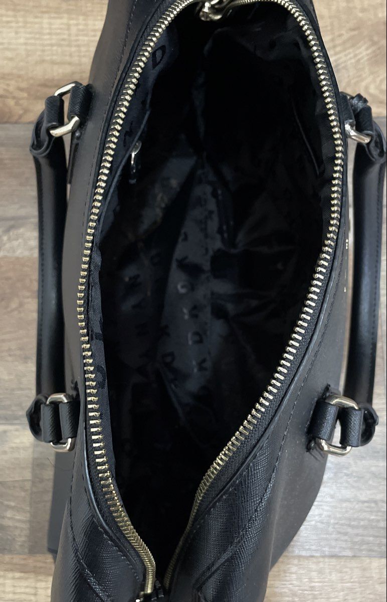 DKNY Black Saffiano Leather Dome Satchel Bag Silver Hardware Charm