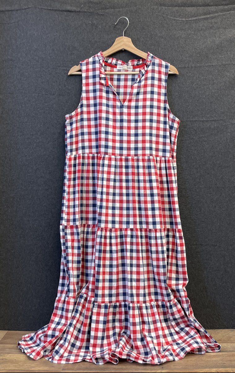 Cactus + Pearl Women's Red Blue White Gingham Plaid Tiered Cotton Dress Sz M