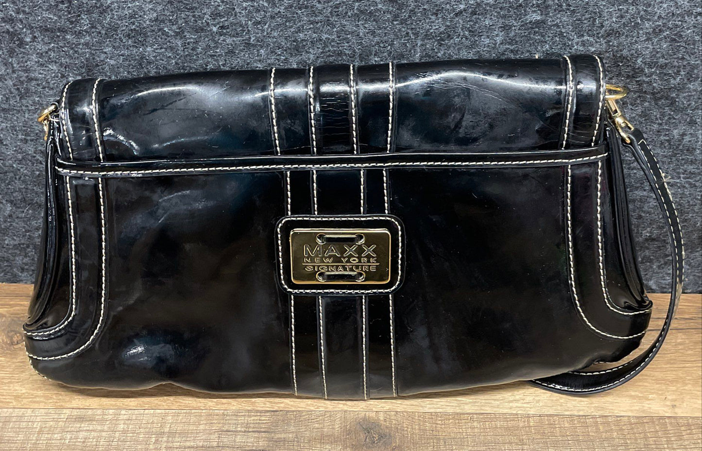 Maxx New York Black Leather Signature Flap Shoulder Bag Gold Leopard Lining