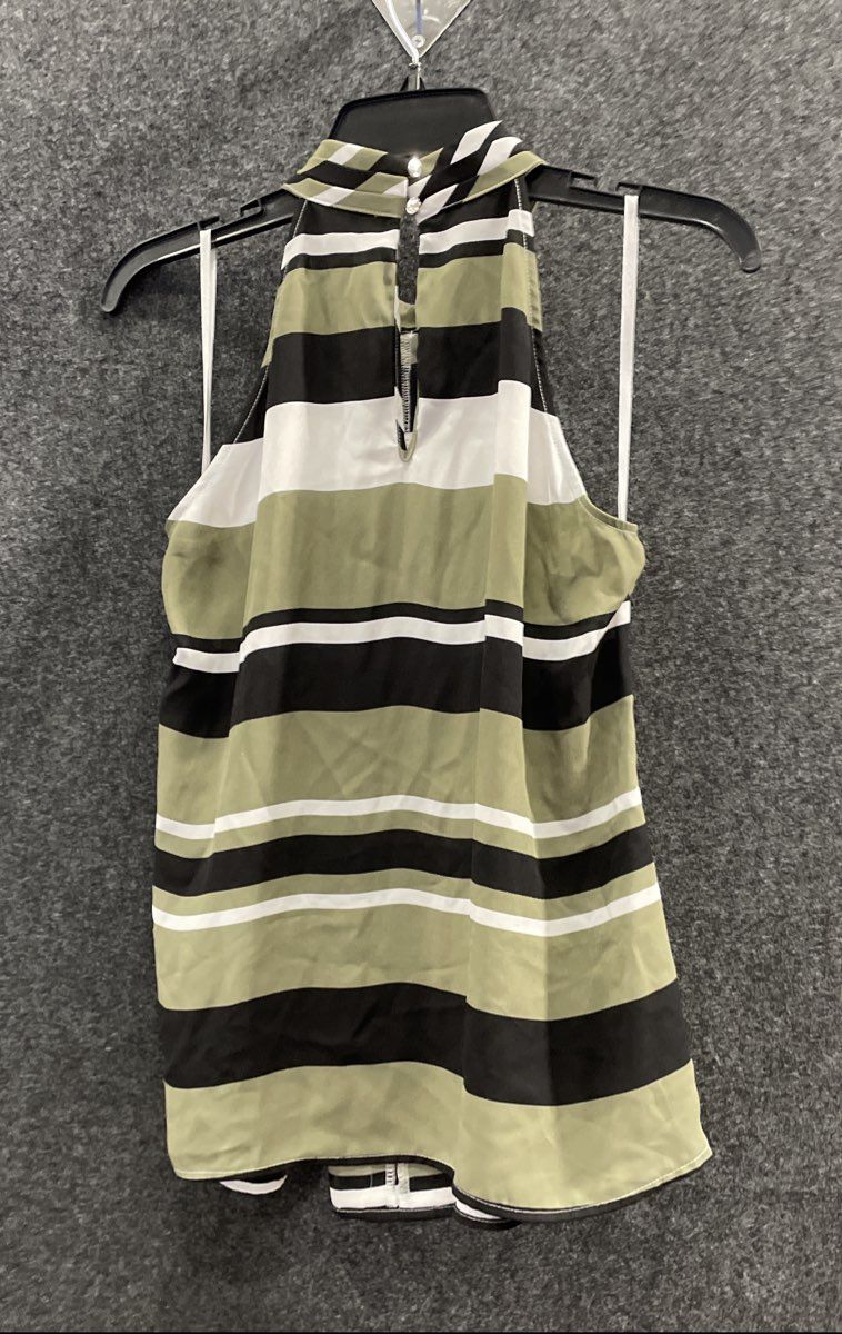 New York & Company Women's Green Black White Striped Halter Blouse Sz S