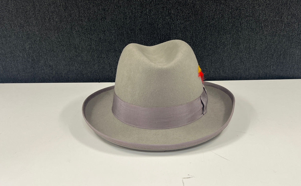 H Fashion K Unisex Gray Wool Felt Fedora Hat Feather Accent Sz 57.5cm