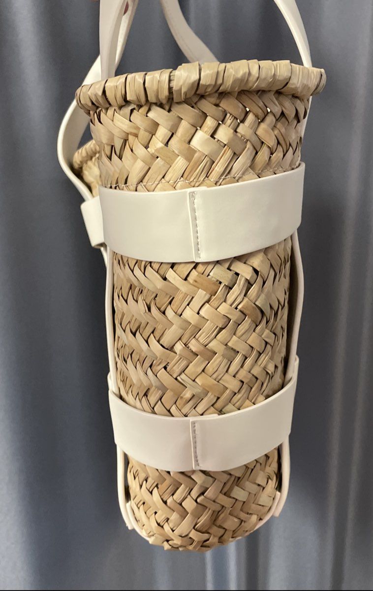 House of Harlow 1960 Cream & Natural Rattan Woven Basket Tote Bag Small