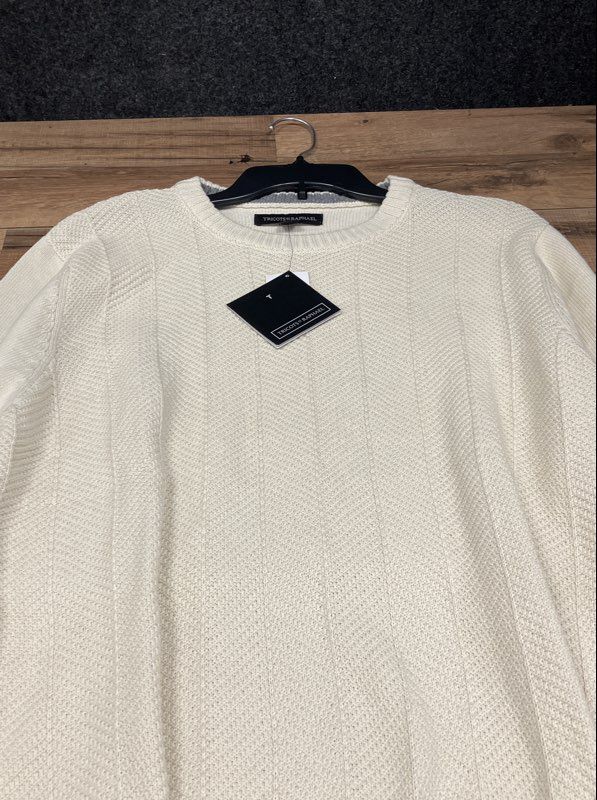 Tricots St Raphael Men's Crewneck Sweater Cream Chevron Textured Knit NWT Sz M