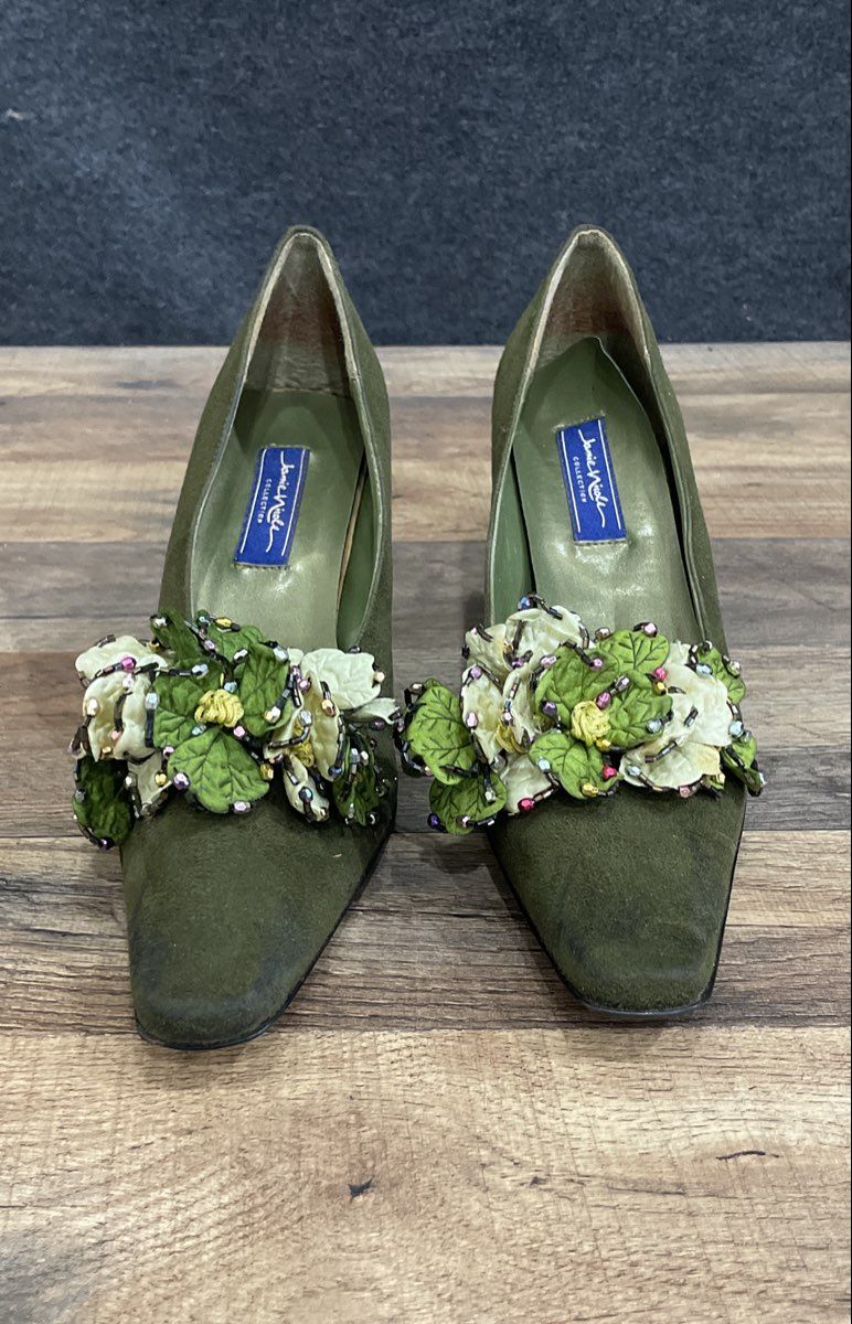 Jamie Nicole Olive Green Floral Beaded Pointed Toe Heels Pumps Women's Size 10M