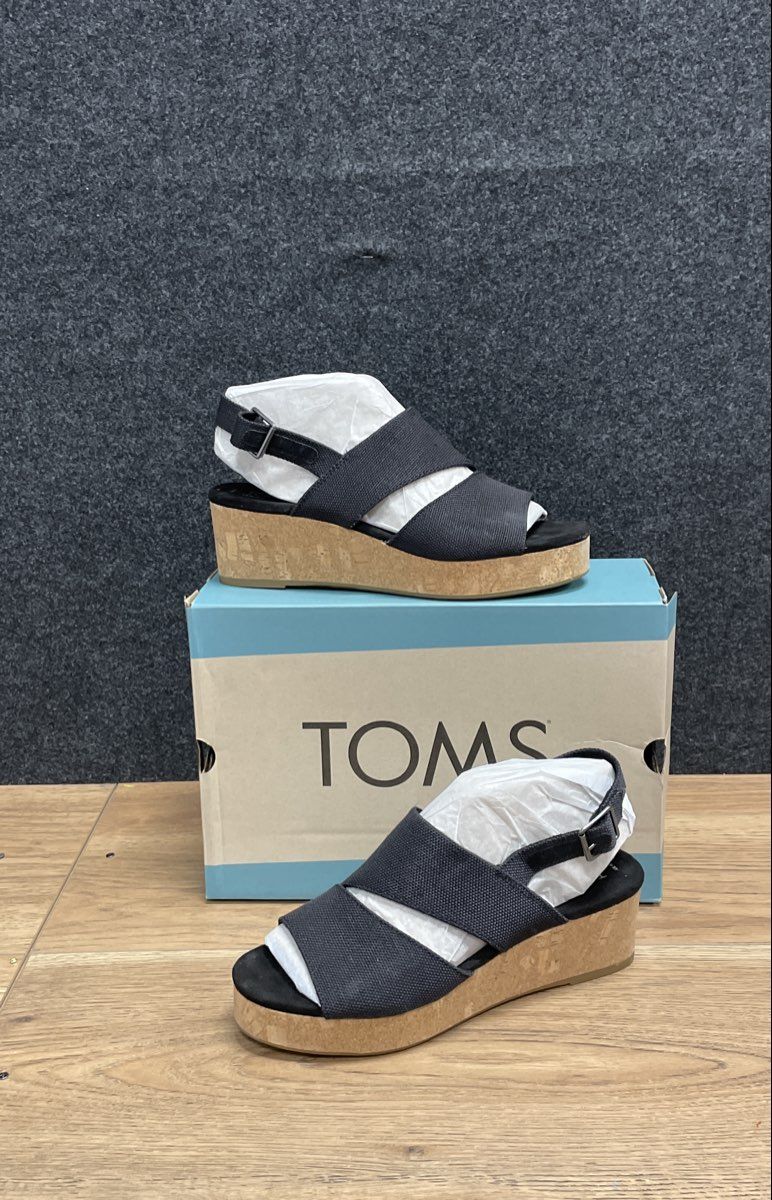 TOMS Monica Black Canvas Platform Wedge Slingback Sandals Women's Size 9