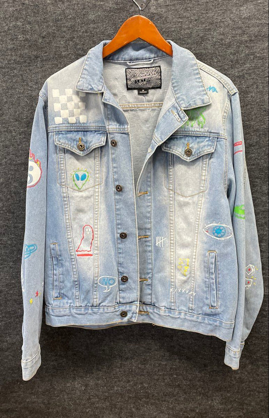 Trademark Brooklyn Cloth Men's Blue Graphic Doodle Denim Trucker Jacket Sz M
