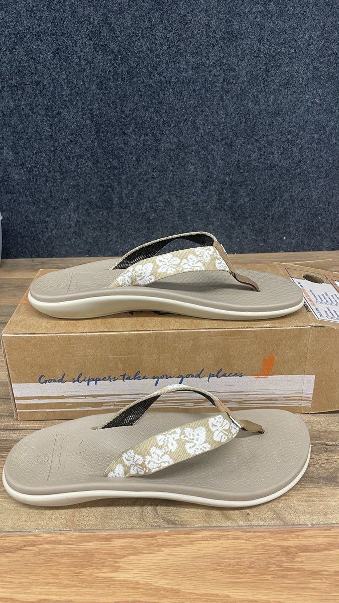 Island Slipper Mokulua Nylon Thong Hana Tan Floral Sandals Women's Size 10