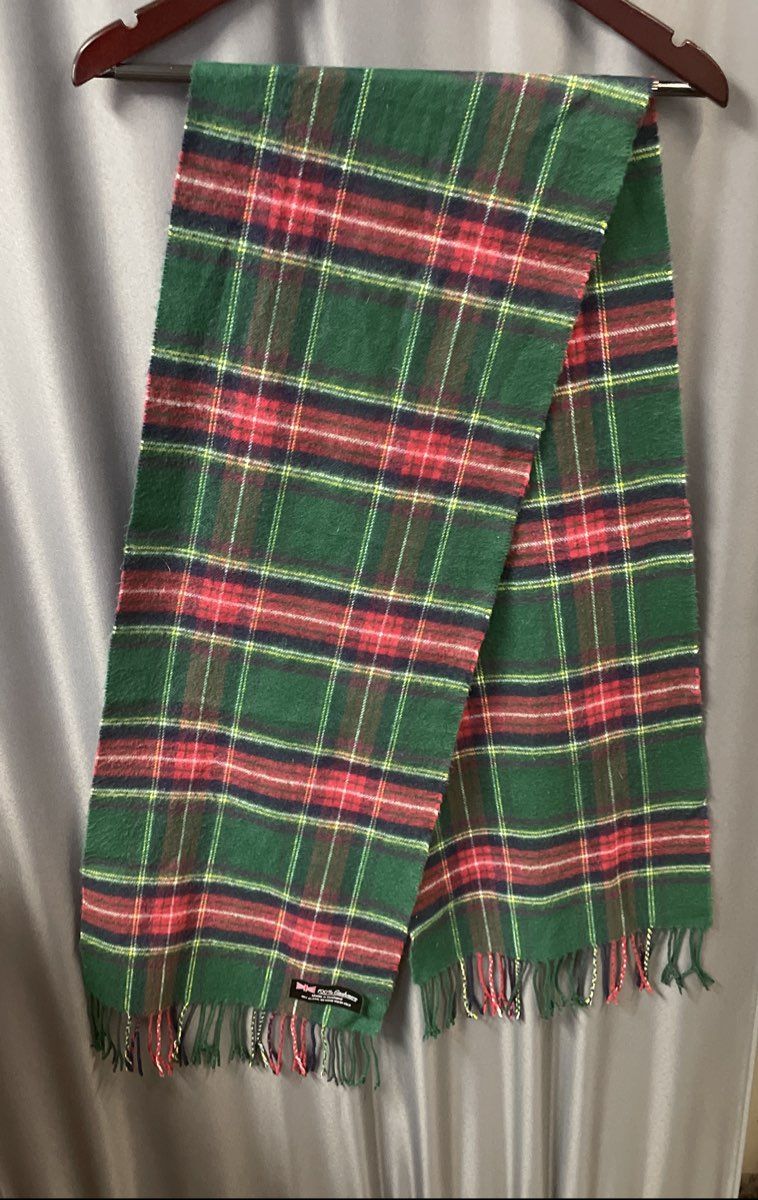 Vintage 90s 100% Cashmere Scarf Made in Scotland Green Red Tartan Plaid Fringed