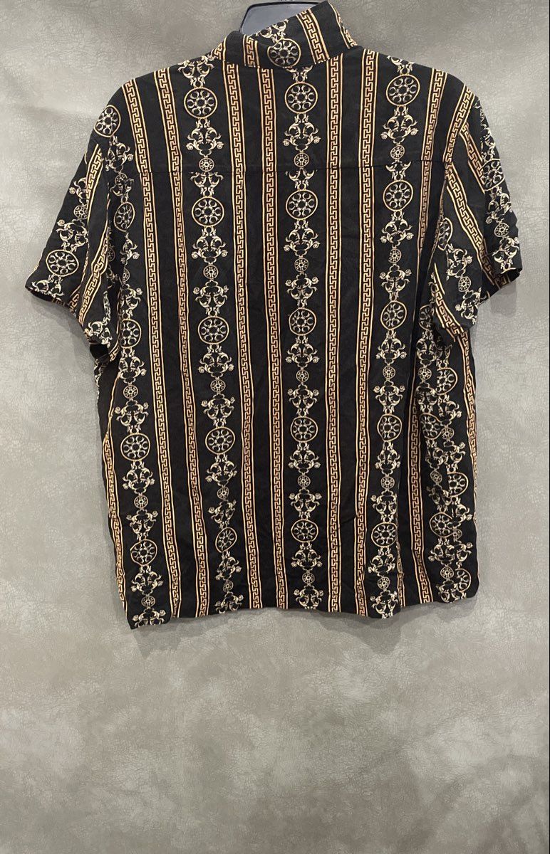 Casa Moda Couture Men's Black Gold Baroque Greek Key Rayon Button Up Shirt Sz M