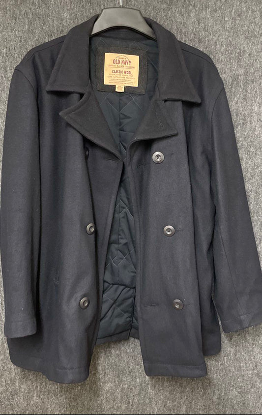 Old Navy Men's Black Classic Wool Double Breasted Pea Coat Quilted Sz XXL