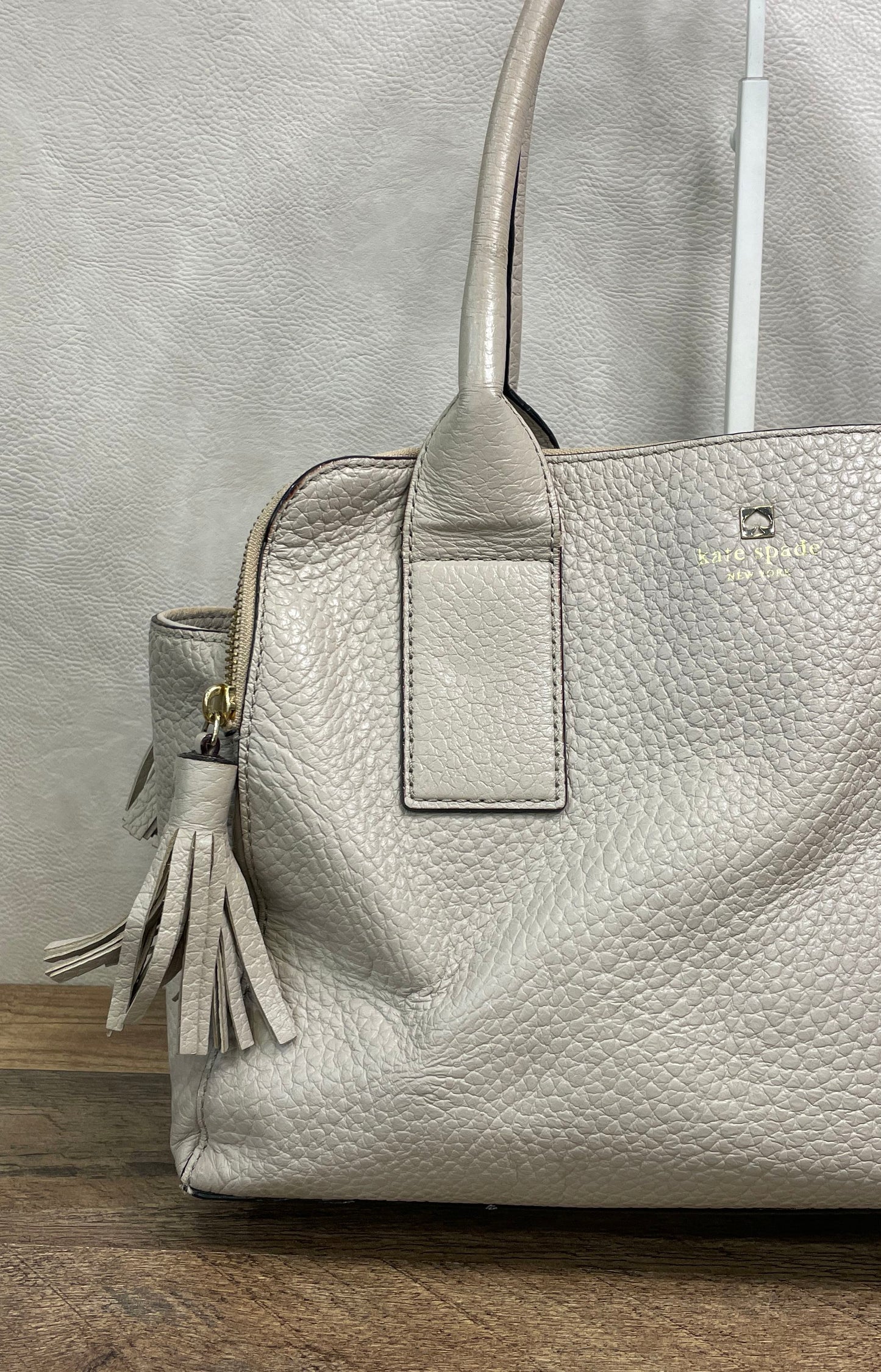Kate Spade Grey Pebbled Leather Tassel Satchel Tote Bag Gold Hardware