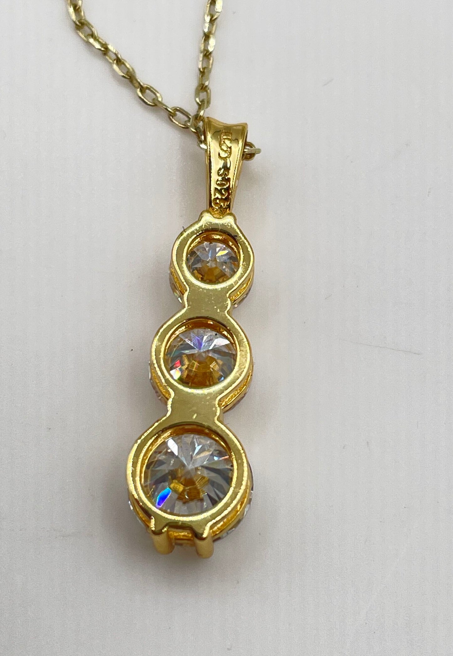 Gold Plated 925 Sterling Silver Three-Stone Moissanite Pendant Necklace 2.7g