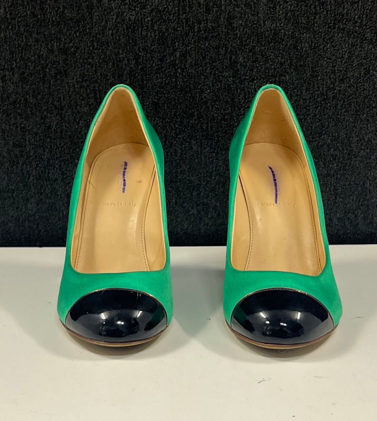 J.Crew Faded Jade Green Black Patent Cap Toe Block Heel Pumps Size 6