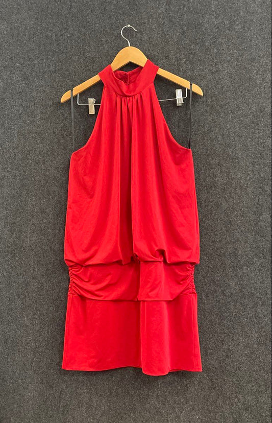 Vintage Y2K Frederick's of Hollywood Red Halter Blouson Ruched Mini Dress Sz L