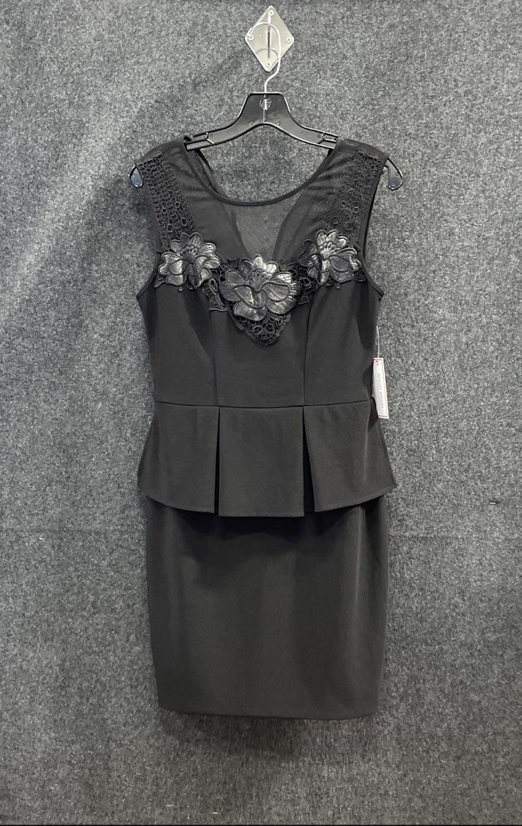 Bisou Bisou Women's Black Peplum Dress Mesh Floral Applique Sleeveless NWT Sz 6