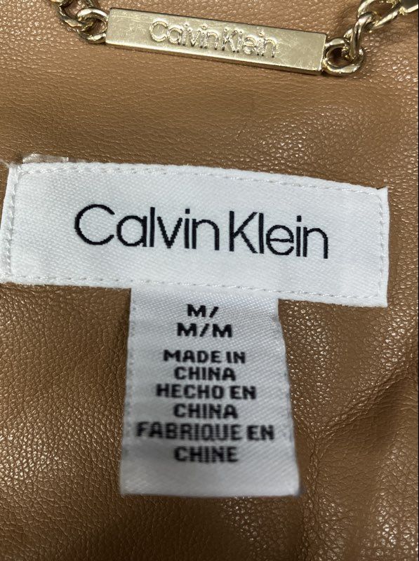 Calvin Klein Women's Tan Faux Leather Collarless Button Front Jacket Sz M