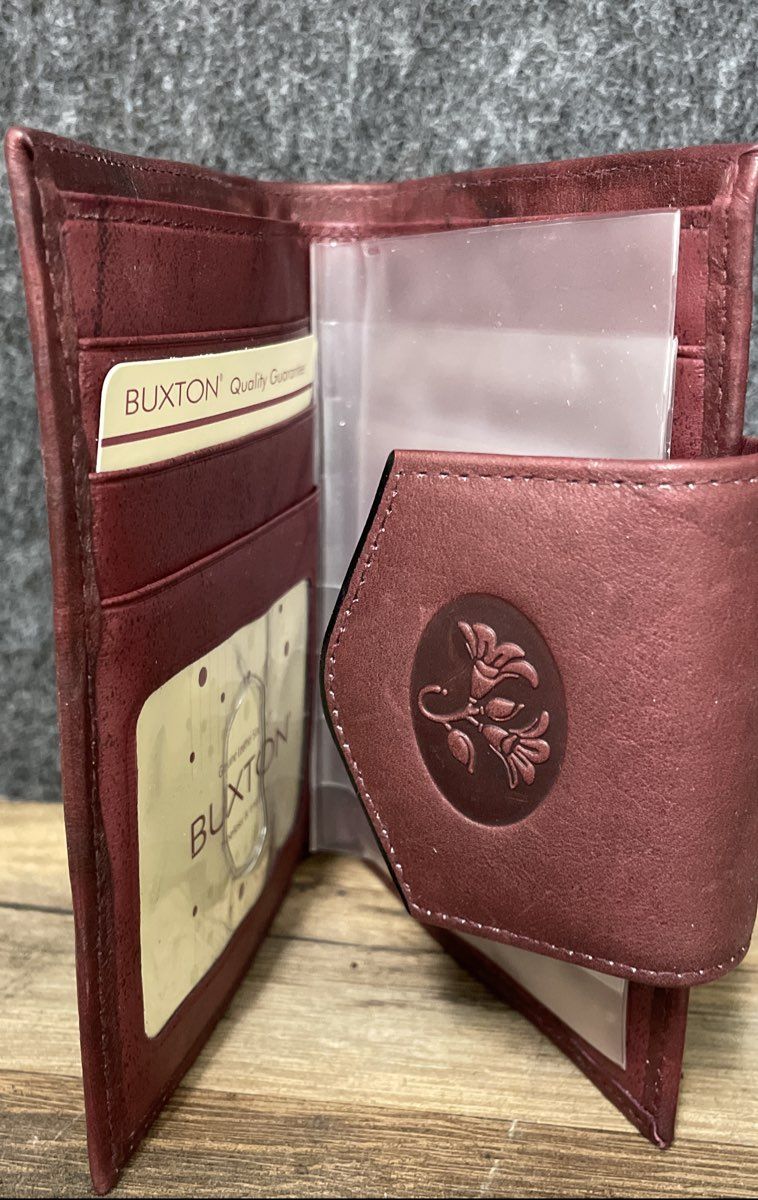 Vintage Buxton Burgundy Leather Floral Bifold Wallet Kiss Lock Coin Purse NIB