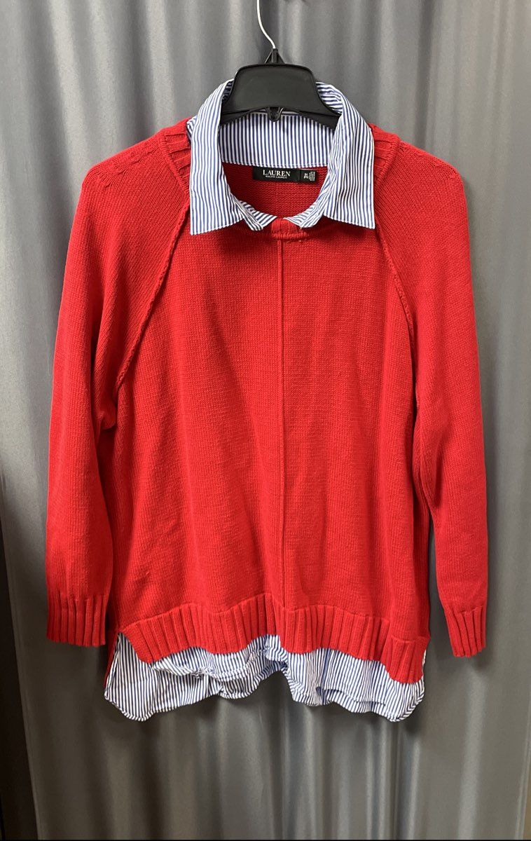 Lauren Ralph Lauren Women's Red Sweater Faux Layered Shirt Collar Hem Sz 3XL